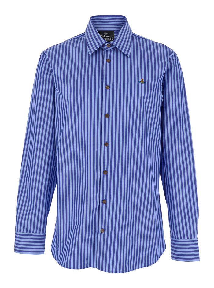 Blue Long-Sleeved Shirt with classic collar and all-over striped motif incotton for men Blu Cotton Blouses
