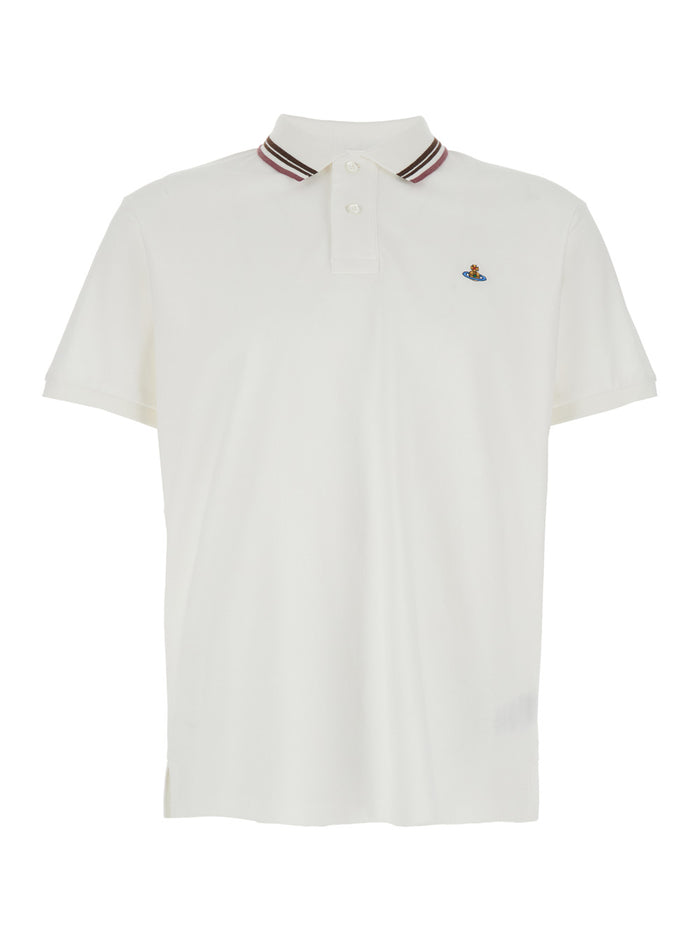 White Classic Collar Polo with Striped Detail and Orb Embroidery on the Front for Men Cotton Tshirts Shirts