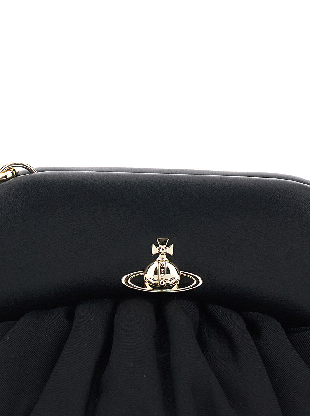 Clutch Brooke with Adjustable and Removable Shoulder Strap Orb Plaque on the Front in Black Leather for Women Viscose Hand Bags