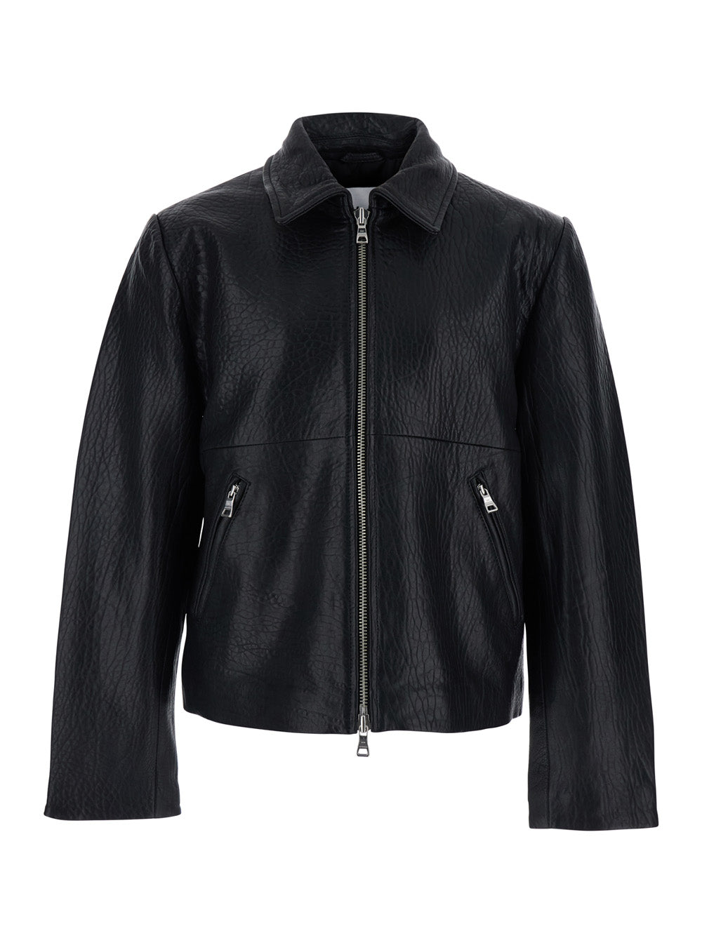 Black Jacket with Classic Collar and Leather Zip Closure for Men Outerwear