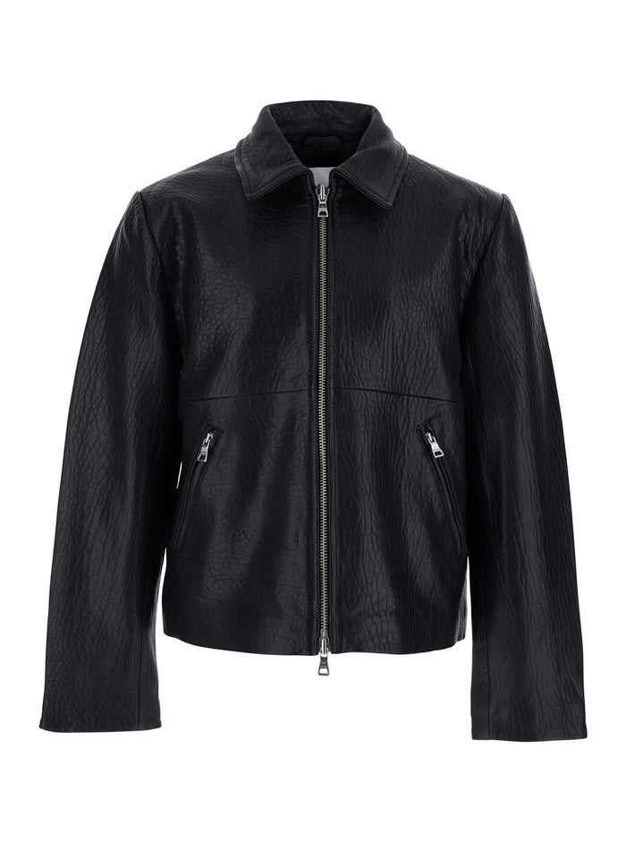 Black Jacket with Classic Collar and Leather Zip Closure for Men Outerwear