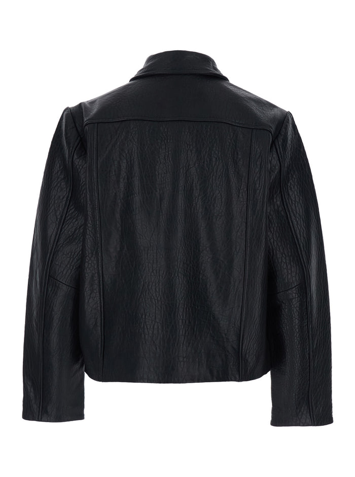 Black Jacket with Classic Collar and Leather Zip Closure for Men Outerwear