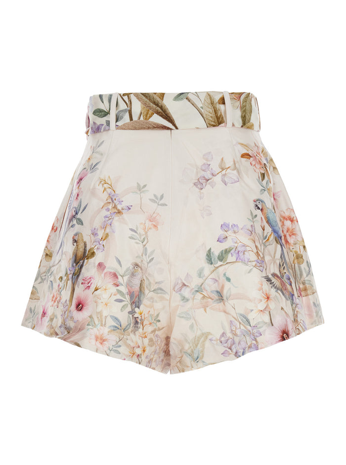 Rebellion Shorts with Bow and All-Over Floral Motif in Silk Cotton Multicolor Women Bermuda