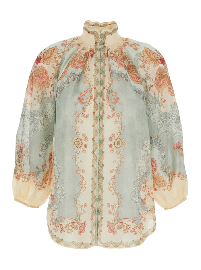 Daylight High Neck Shirt With All-Over Floral Motif Multicolor For Women Ramie And Blouses