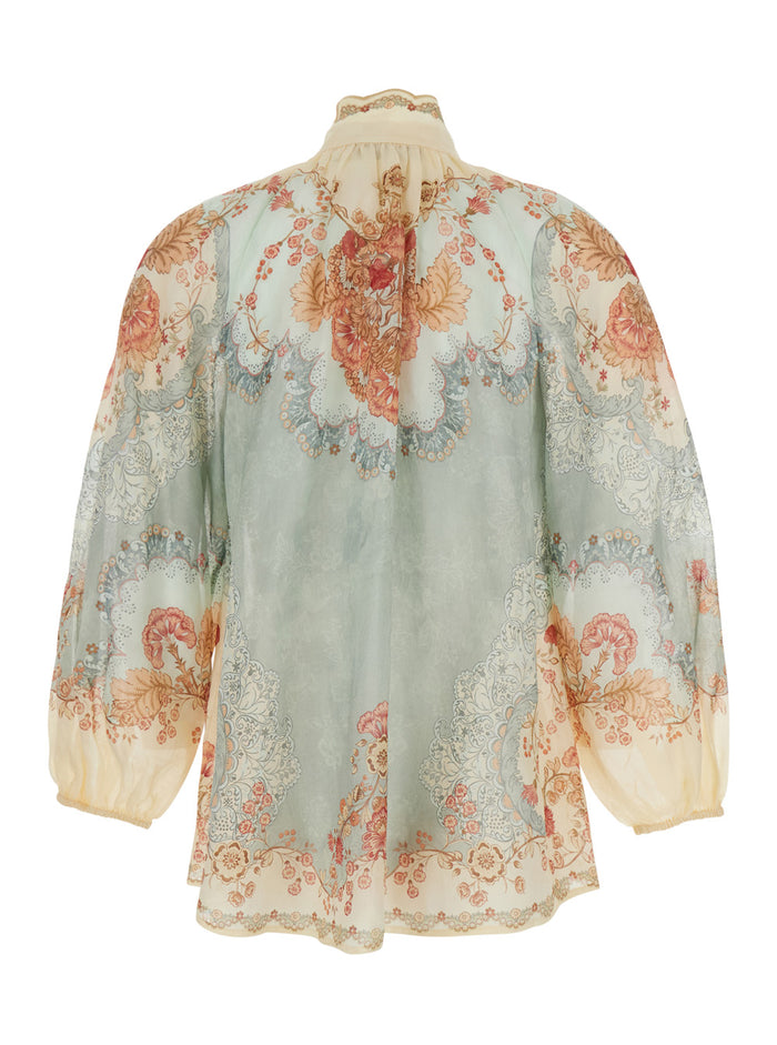 Daylight High Neck Shirt With All-Over Floral Motif Multicolor For Women Ramie And Blouses