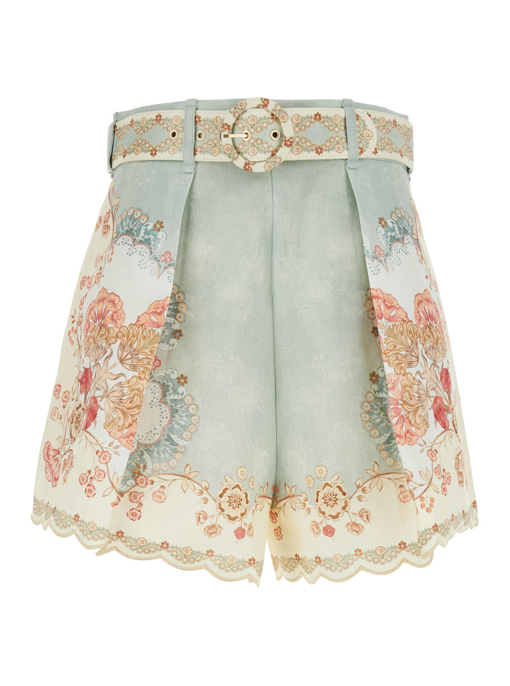 Daylight Shorts with Belt and All-Over Floral Motif in Multicolor Linen for Women Bermuda