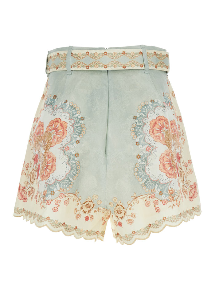 Daylight Shorts with Belt and All-Over Floral Motif in Multicolor Linen for Women Bermuda