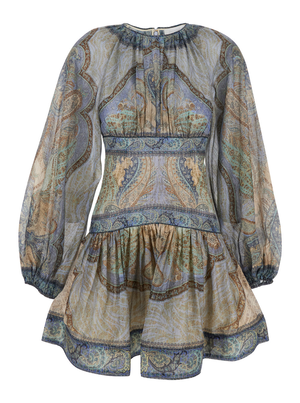 Dress Mini Wanderlust Crew Neck with Long Balloon Sleeves and All-Over Print in Cotton Silk Blend Multicolor Women