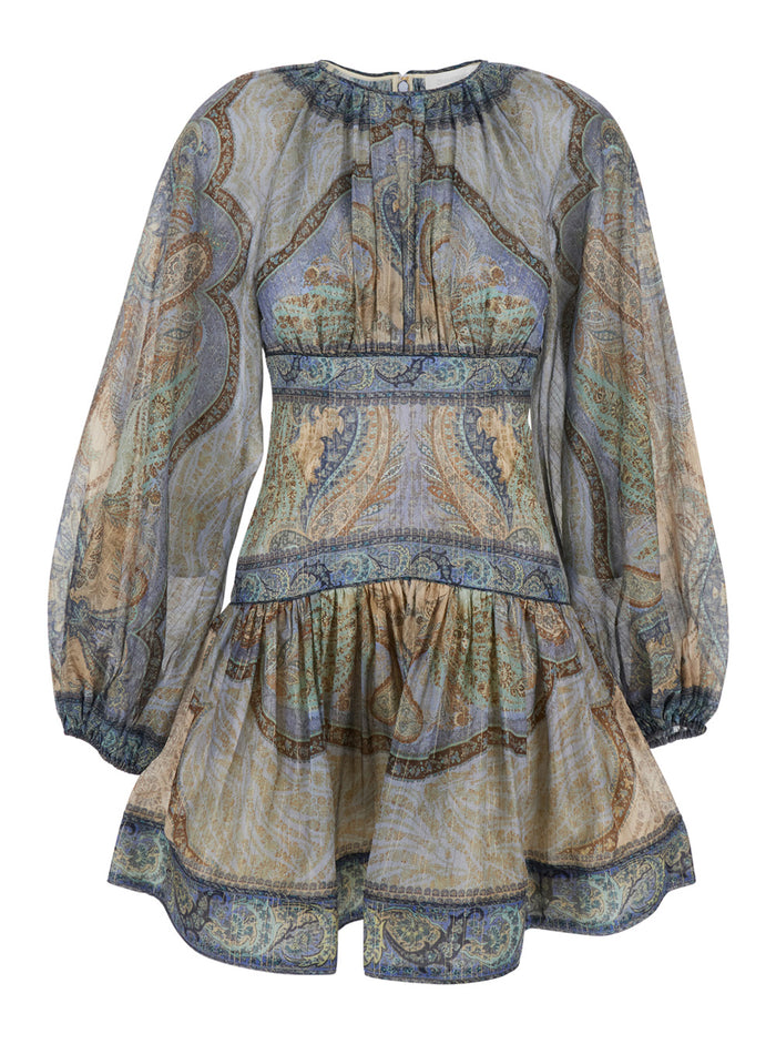 Dress Mini Wanderlust Crew Neck with Long Balloon Sleeves and All-Over Print in Cotton Silk Blend Multicolor Women