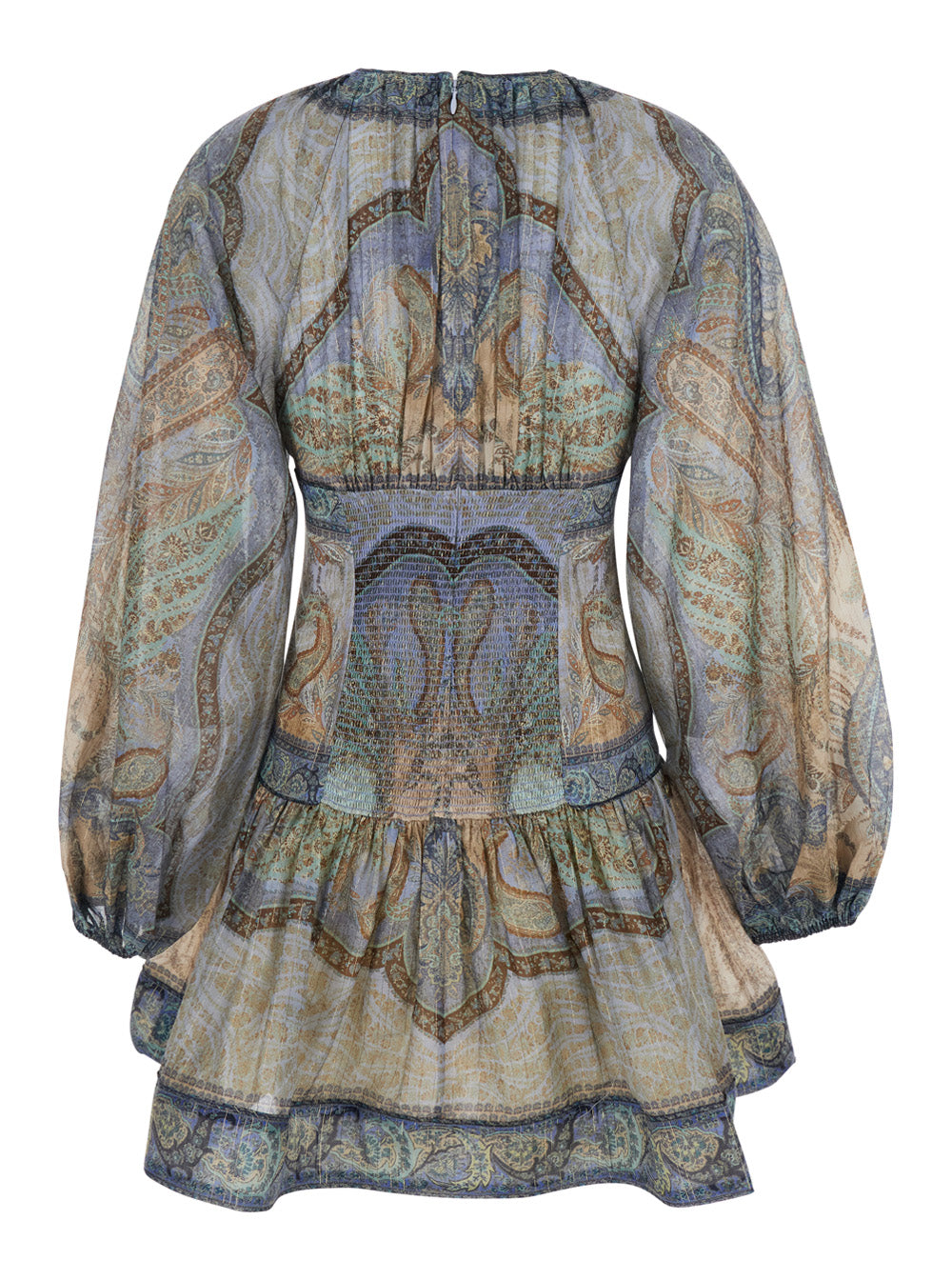 Dress Mini Wanderlust Crew Neck with Long Balloon Sleeves and All-Over Print in Cotton Silk Blend Multicolor Women