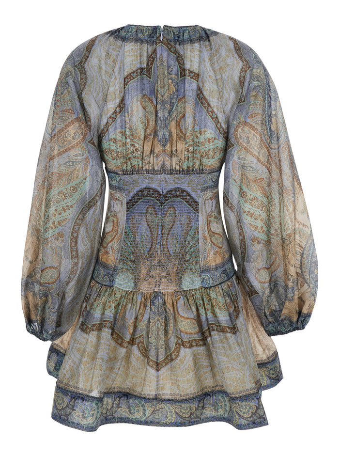Dress Mini Wanderlust Crew Neck with Long Balloon Sleeves and All-Over Print in Cotton Silk Blend Multicolor Women