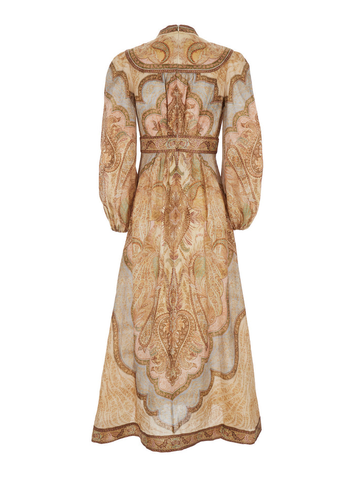 Wanderlust Multicolor Long Dress With V Neck And All-Over Paisley Motif Linen Woman