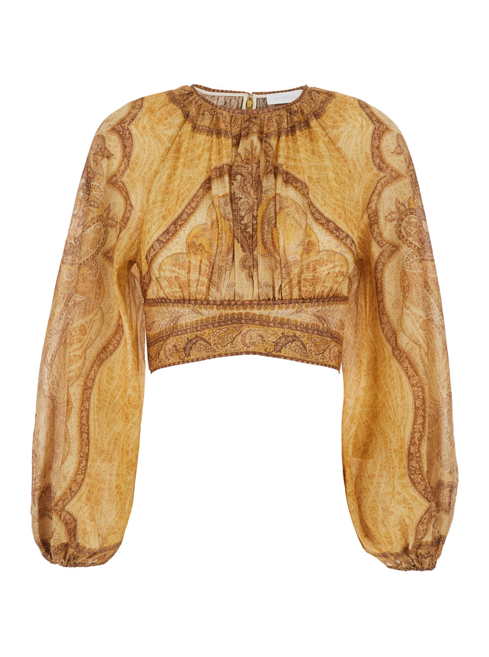 Top Wanderlust Crop with Balloon Sleeves and All-Over Paisley Motif in Multicolor Cotton Blend for Women Tops