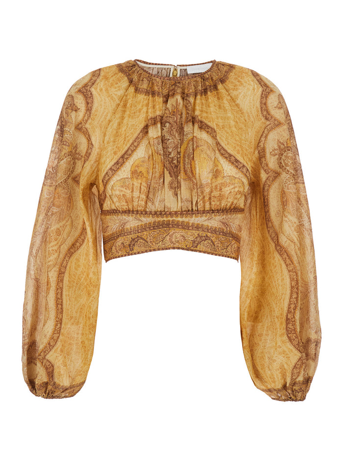 Top Wanderlust Crop with Balloon Sleeves and All-Over Paisley Motif in Multicolor Cotton Blend for Women Tops