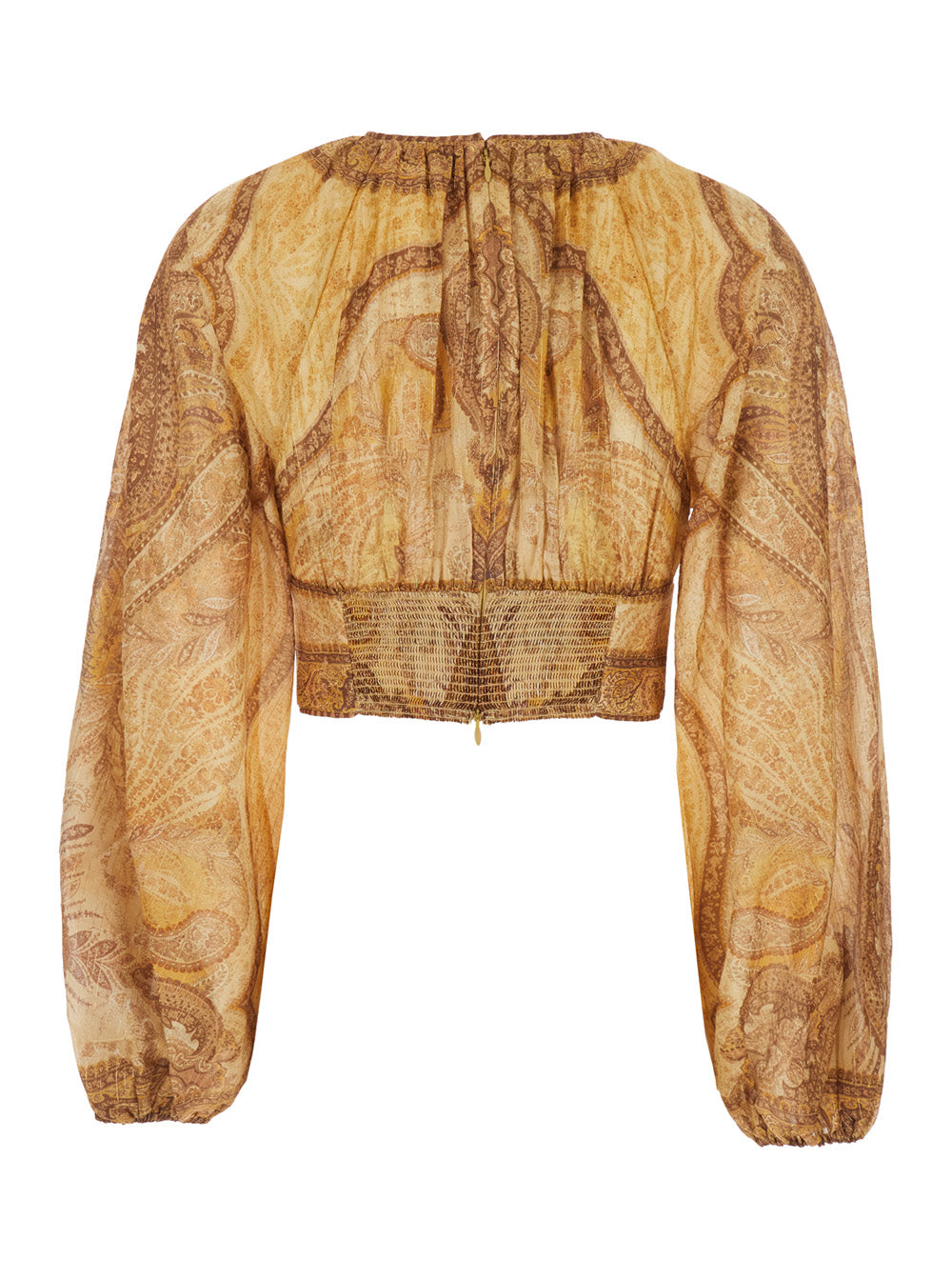 Top Wanderlust Crop with Balloon Sleeves and All-Over Paisley Motif in Multicolor Cotton Blend for Women Tops