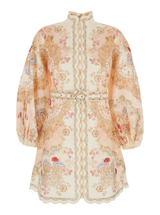Midi Dress Daylight With Front Belt And All-Over Floral Motif Multicolor Linen For Women
