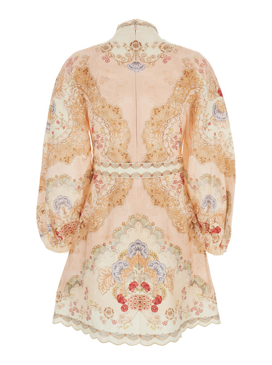 Midi Dress Daylight With Front Belt And All-Over Floral Motif Multicolor Linen For Women