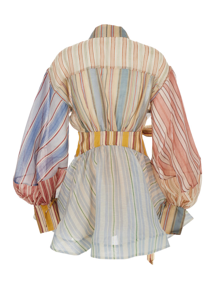 Midi Dress Rebellion with Bow Detail and All-Over Stripes in Linen Silk Blend Multicolor Women