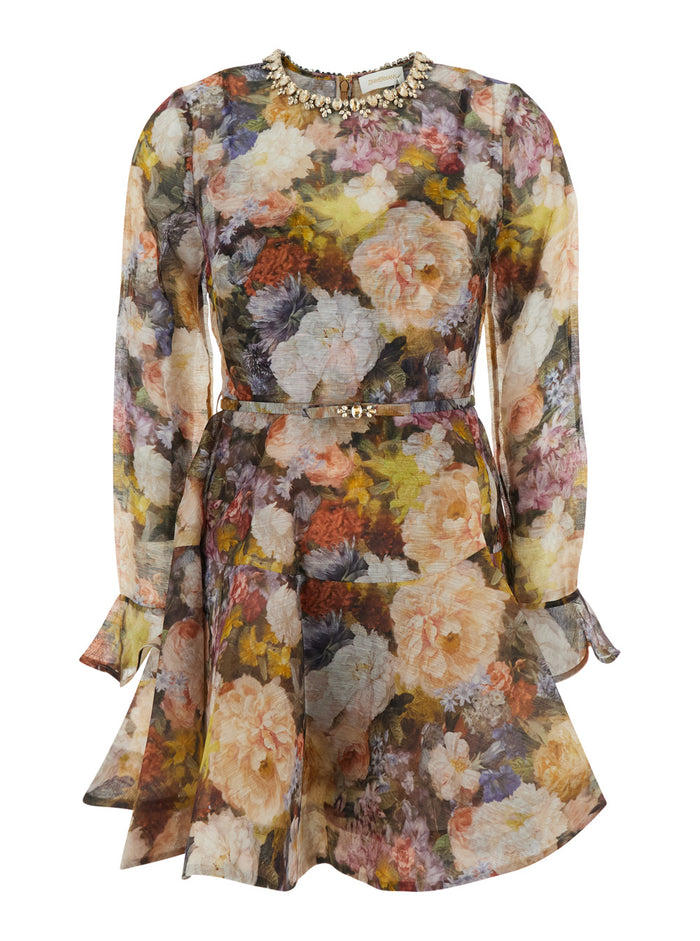 Mini Dress Alchemy With Peplum And Short Sleeves Multicolor Women Linen Silk