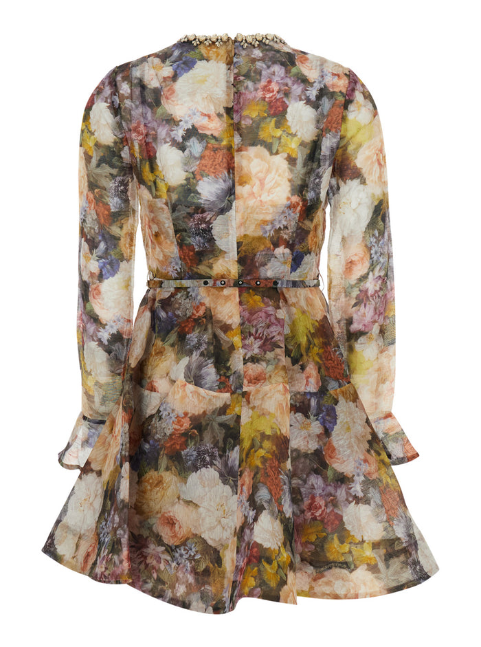 Mini Dress Alchemy With Peplum And Short Sleeves Multicolor Women Linen Silk