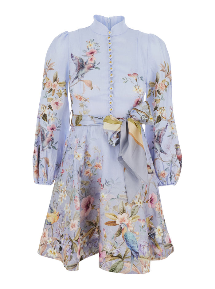 Midi Dress Rebellion with High Neck and Bow Detail on the Front All-Over Floral Print in Multicolor for Women Linen