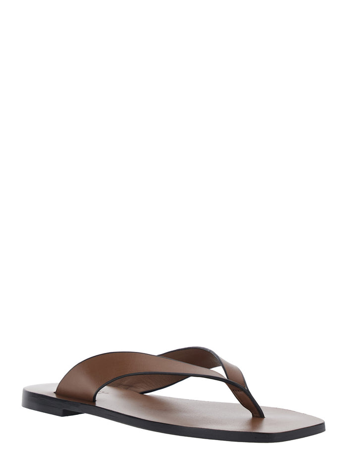 Sandali Kinto con Punta Quadrata e Design a Infradito in Pelle Marroni Donna Brown Cow Leather Flat Shoes