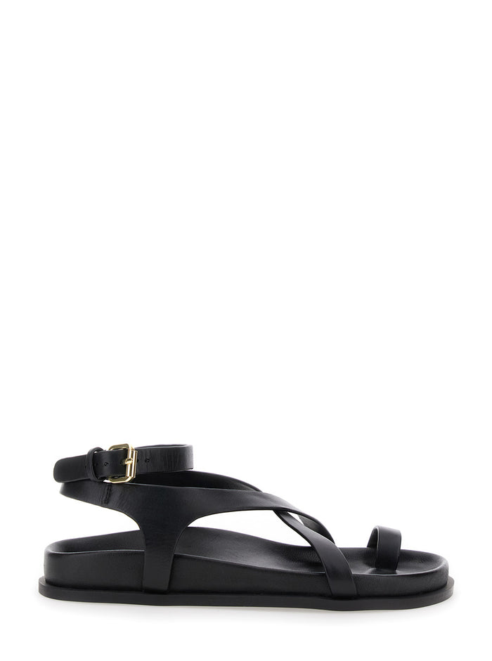 Jalen Slim Sandals with Woven Straps and Leather Buckle Closure Black Women Goat Suede Flat Shoes