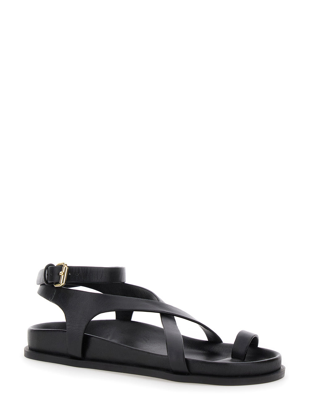Jalen Slim Sandals with Woven Straps and Leather Buckle Closure Black Women Goat Suede Flat Shoes
