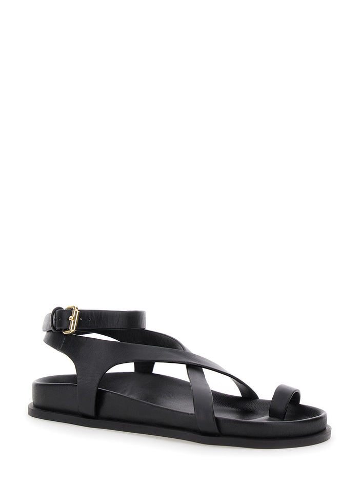 Jalen Slim Sandals with Woven Straps and Leather Buckle Closure Black Women Goat Suede Flat Shoes