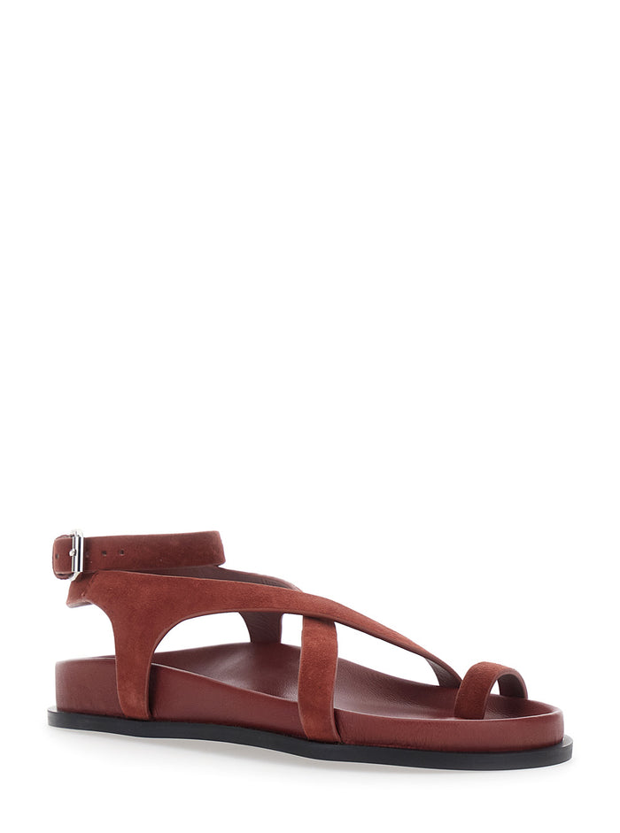 Jalen Slim Sandals with Woven Straps and Buckle Closure in Bordeaux Suede for Women Goat Flat Shoes