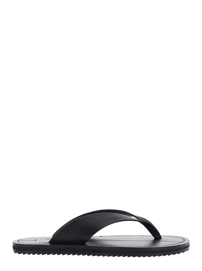 Flora Black Sandals with Flip-Flop Design and Grooved Sole in Leather Woman Goat Suede Flat Shoes