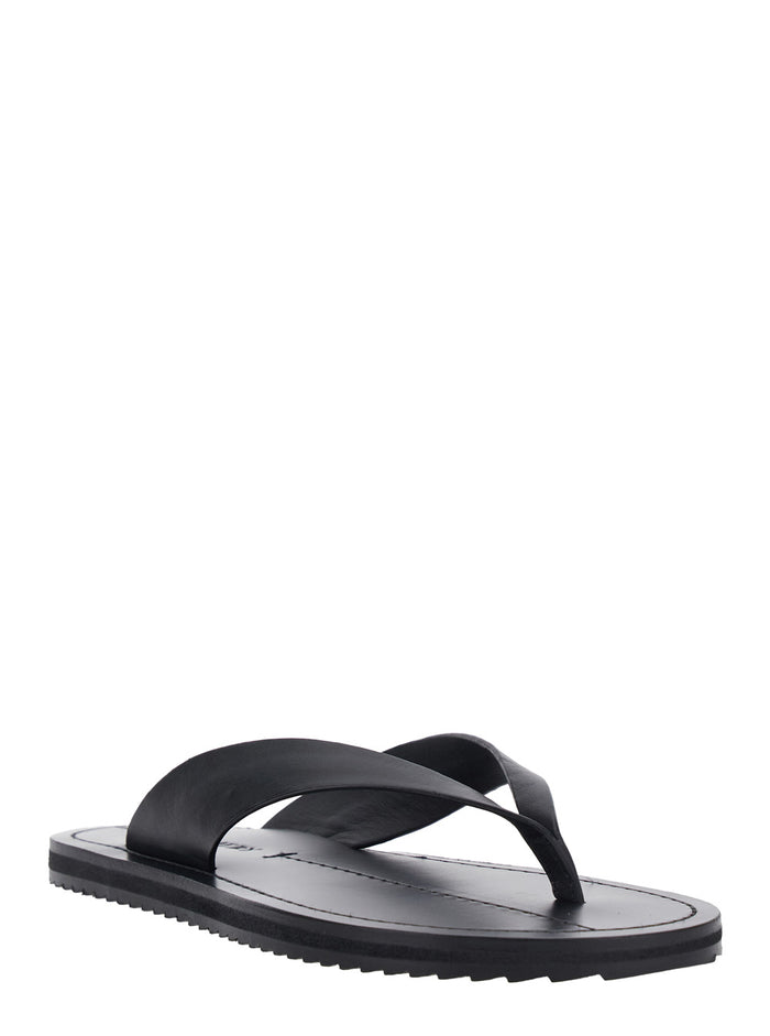 Flora Black Sandals with Flip-Flop Design and Grooved Sole in Leather Woman Goat Suede Flat Shoes