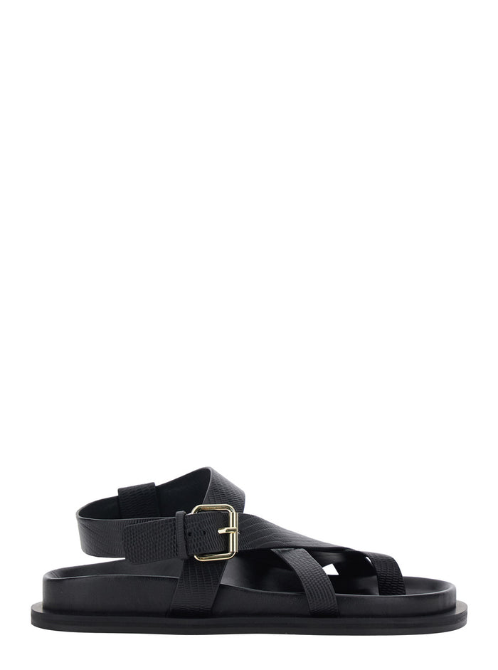 Elbert Sandals with Woven Straps and Leather Buckle Closure Black Women Cow Flat Shoes