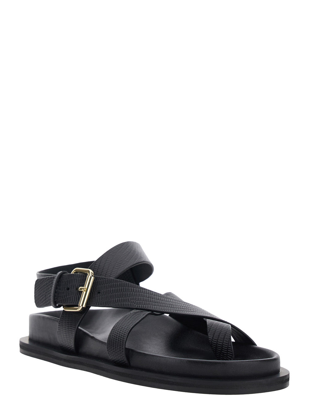 Elbert Sandals with Woven Straps and Leather Buckle Closure Black Women Cow Flat Shoes