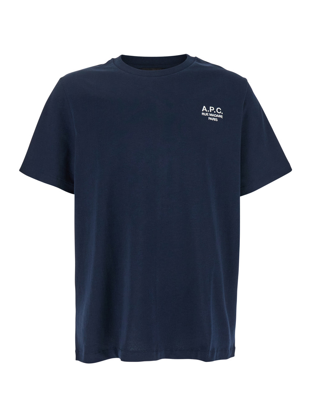 Blue Crew Neck T-shirt with Embroidered Logo on Front in Cotton Man Blu Biologic Tshirts And Polo Shirts