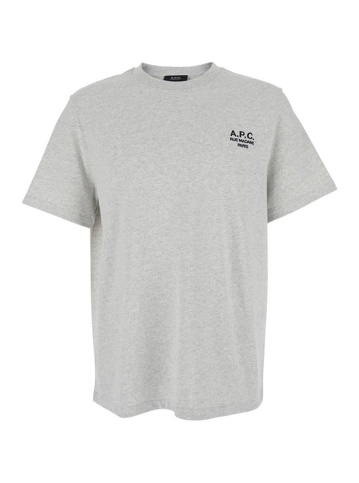 Grey Crew Neck T-Shirt with Embroidered Logo on Front in Cotton Woman Organic Tshirts And Polo Shirts