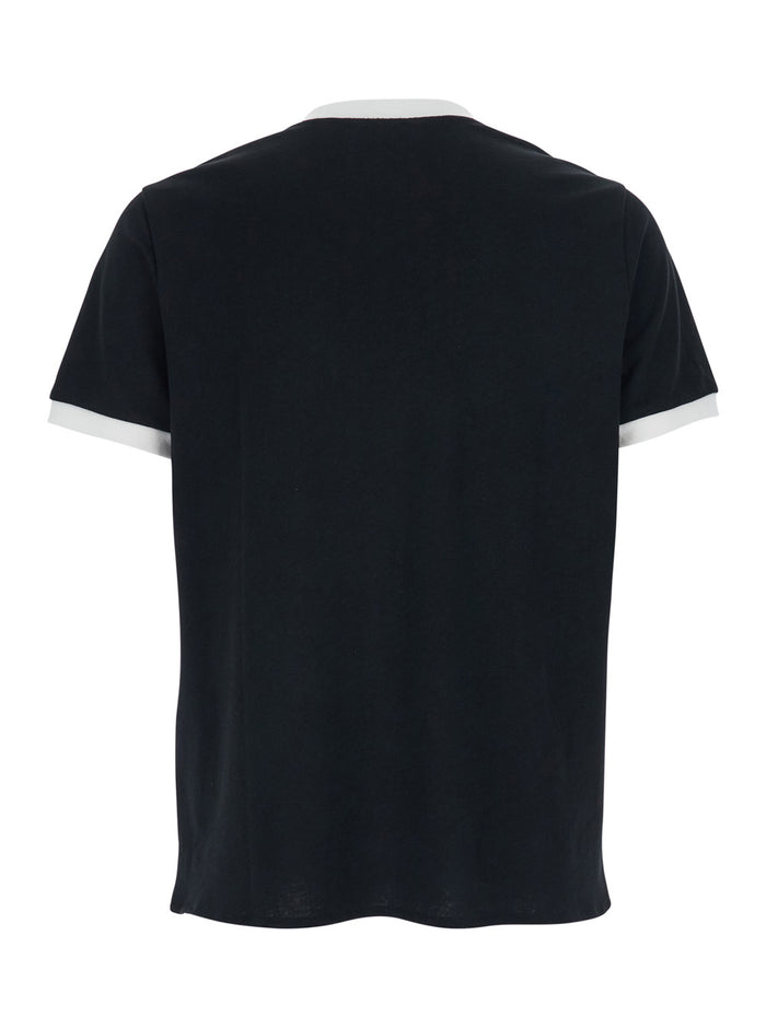 Black T-shirt with Contrast Details on the Neck and Sleeves in Cotton Linen Blend for Men Tshirts Polo Shirts
