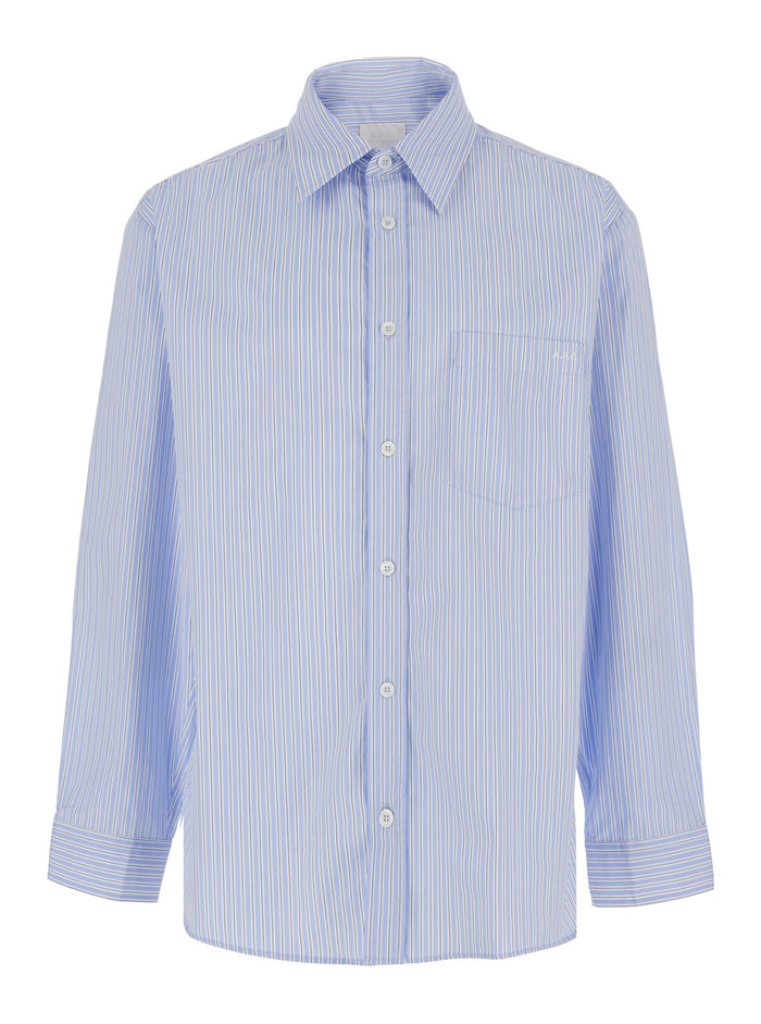 Light Blue Long-Sleeved Shirt With Classic Collar And Striped Motif In Cotton For Men Blouses