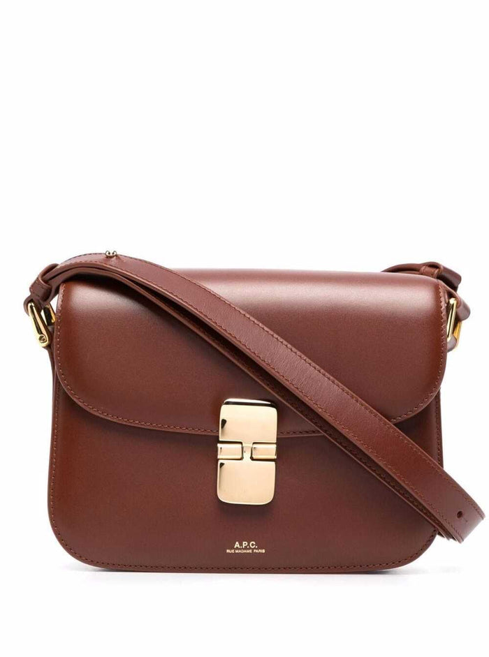 Grace Small Brown Crossbody bag with Adjustable Strap and Logo Lettering Embossed on the Front in Leather Woman Cow
