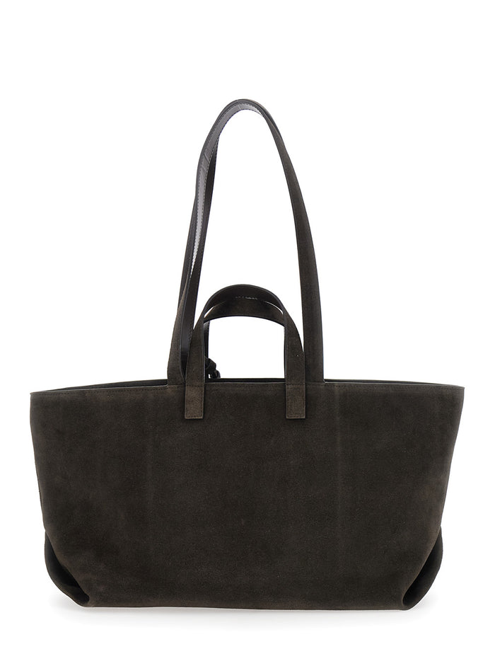 Le Drummer Brown Shopper with Four Handles and Lettering Logo on the Front in Suede Woman Cow Tote Bags