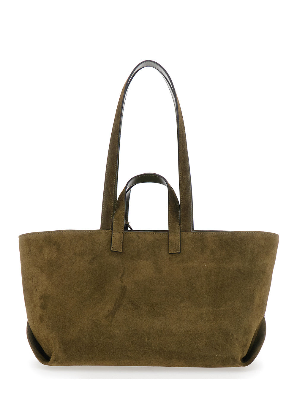 Le Drummer Green Shopper with Four Handles and Logo Lettering on the Front in Suede Women Calf Tote Bags