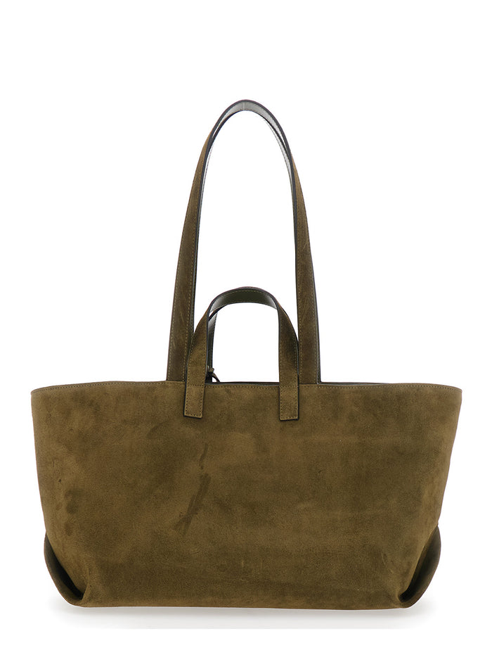 Le Drummer Green Shopper with Four Handles and Logo Lettering on the Front in Suede Women Calf Tote Bags