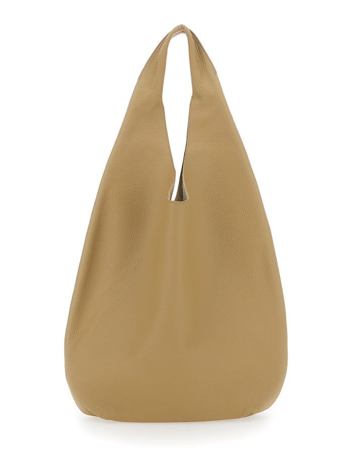 Le Neige Beige Shoulder Bag with Logo Embossed on the Front in Crinkled Leather for Women Cow
