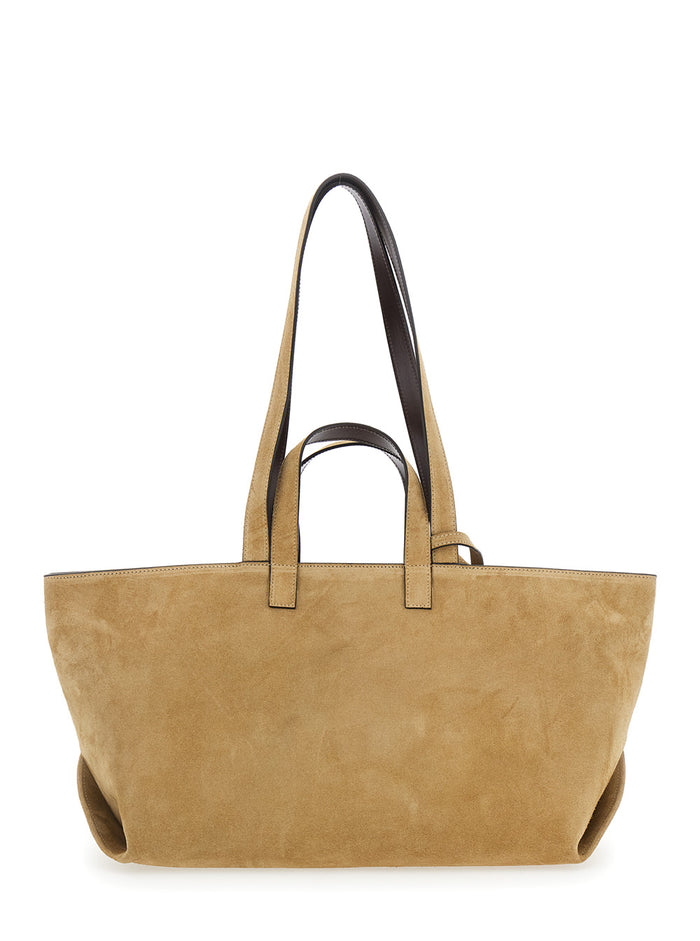 Le Drummer Beige Shopper with Four Handles and Logo Lettering on the Front in Suede Women Cow Tote Bags