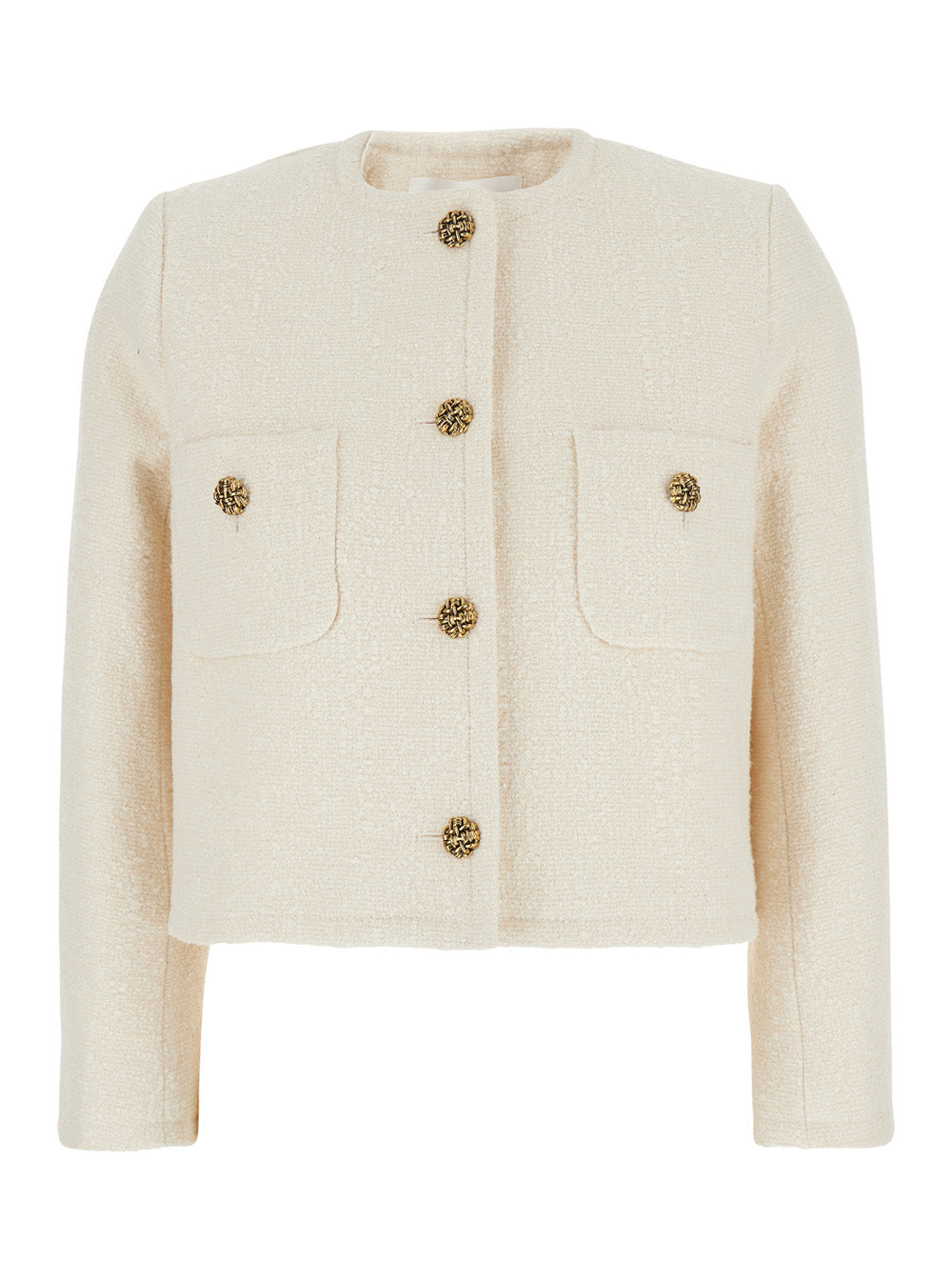 Meredith White Crop Jacket With Round Neck And Metallic Buttons Cotton Wool Blend Woman Polyamide Blazers