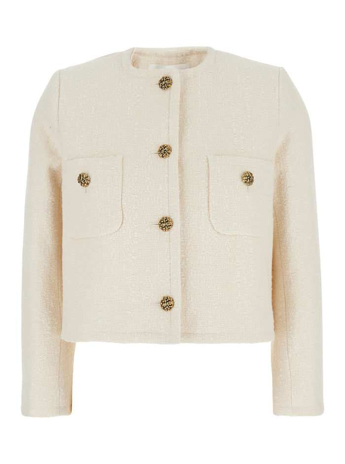 Meredith White Crop Jacket With Round Neck And Metallic Buttons Cotton Wool Blend Woman Polyamide Blazers
