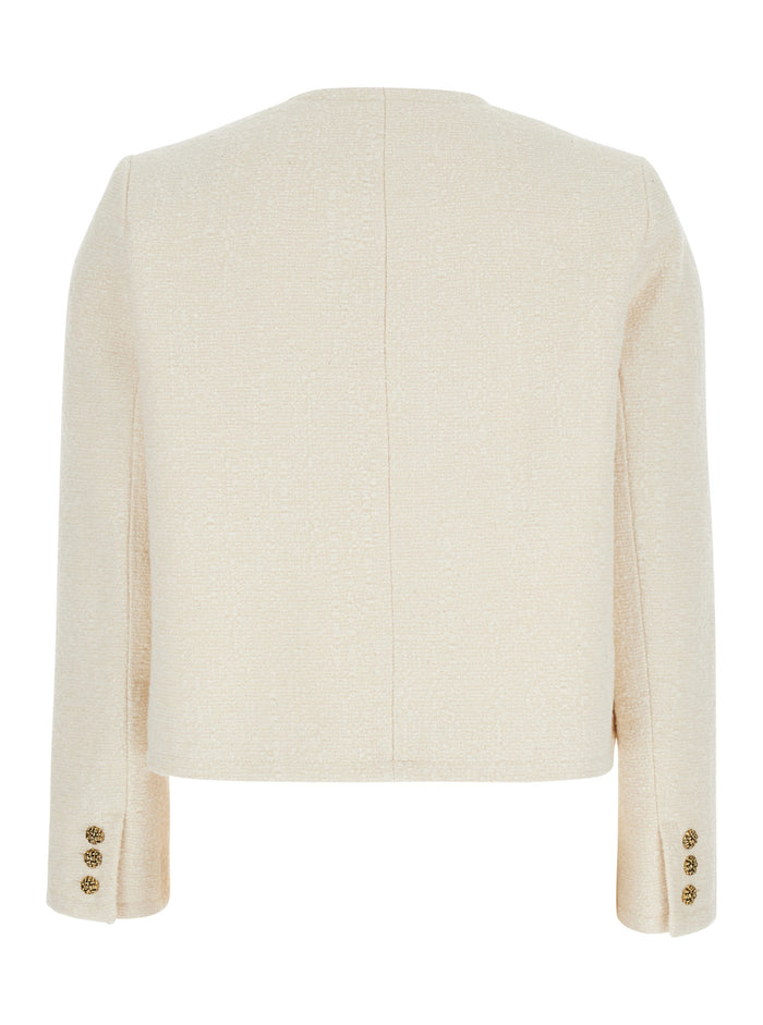 Meredith White Crop Jacket With Round Neck And Metallic Buttons Cotton Wool Blend Woman Polyamide Blazers