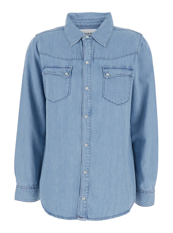 Blue Shirt with Classic Collar and Two Front Pockets in Cotton Blend for Men Light Lyocell Modal Blouses