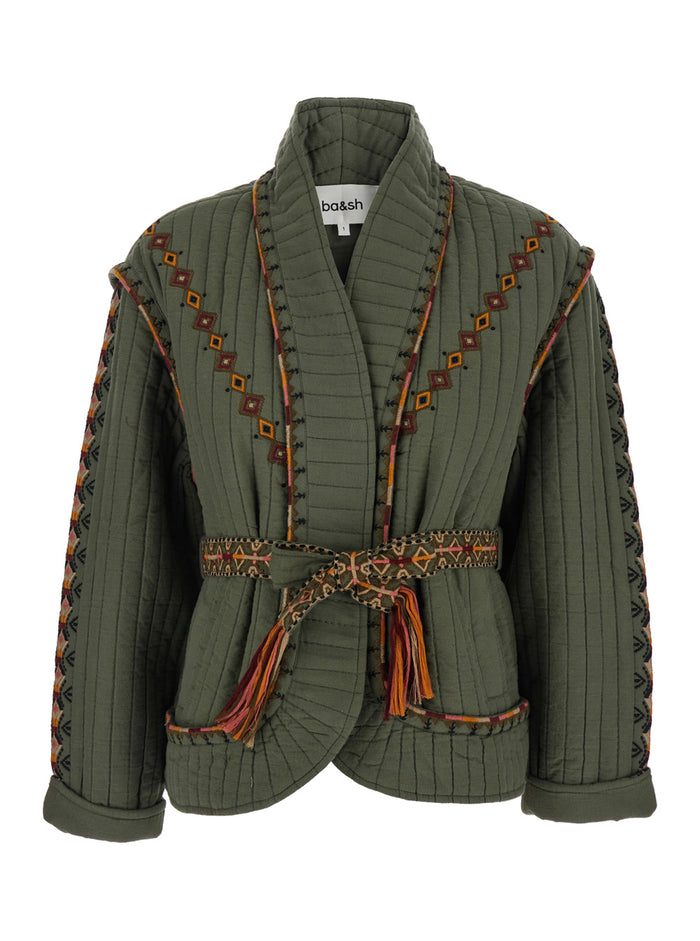 JACKET COCOON Green with Front Zip Closure for Women Cotton Outerwear