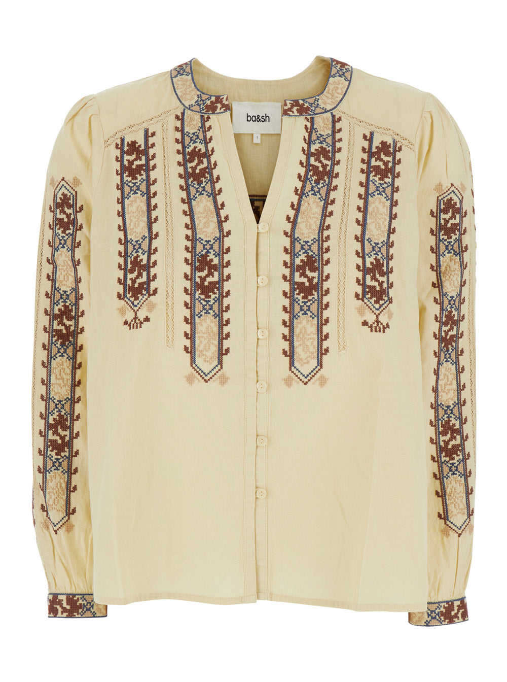 Blouse Faustina Beige With Long Sleeves And Linen Details Cotton Shirts Blouses